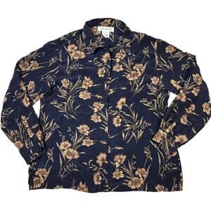 Vintage Jones New York Silk Button Up Blouse Floral Navy Women’s Size 8